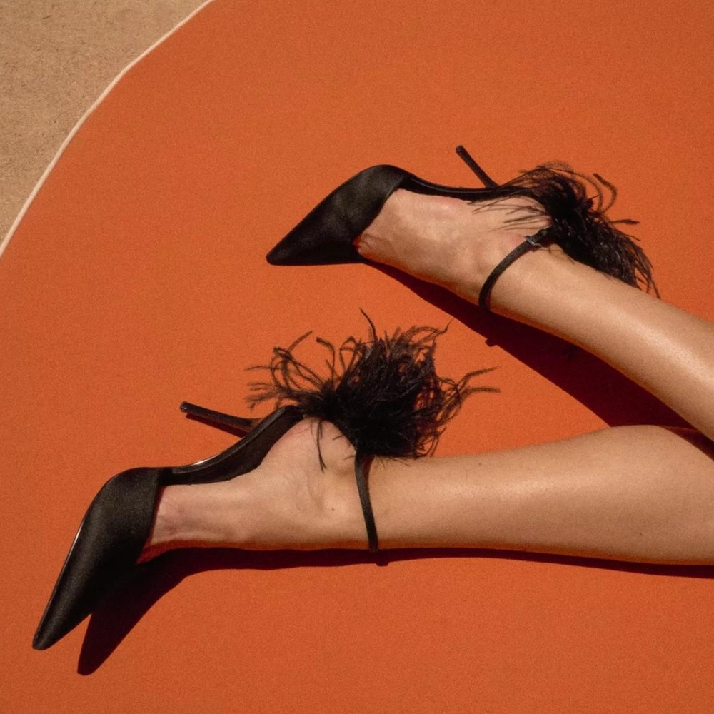 Zara Feather black Satin Ankle Strap Pumps
